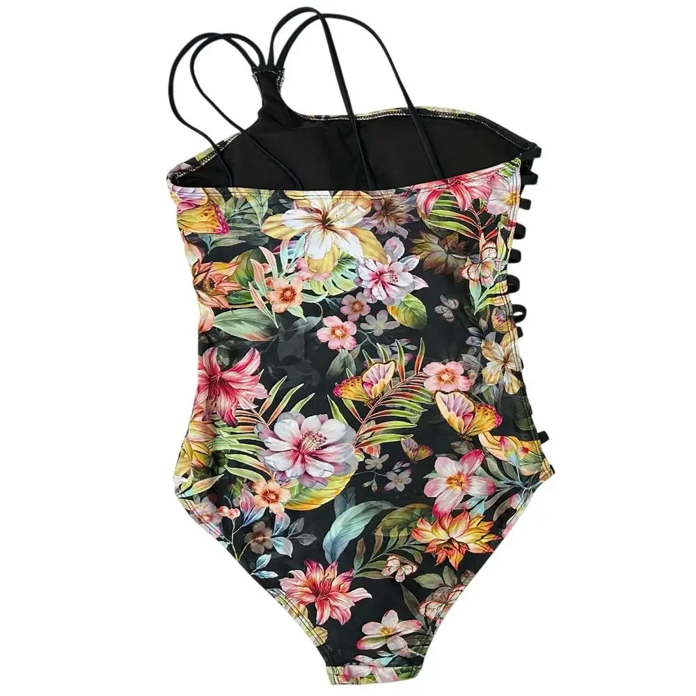 Coral Tropics One Shoulder Floral One Piece Swimsuit Size S